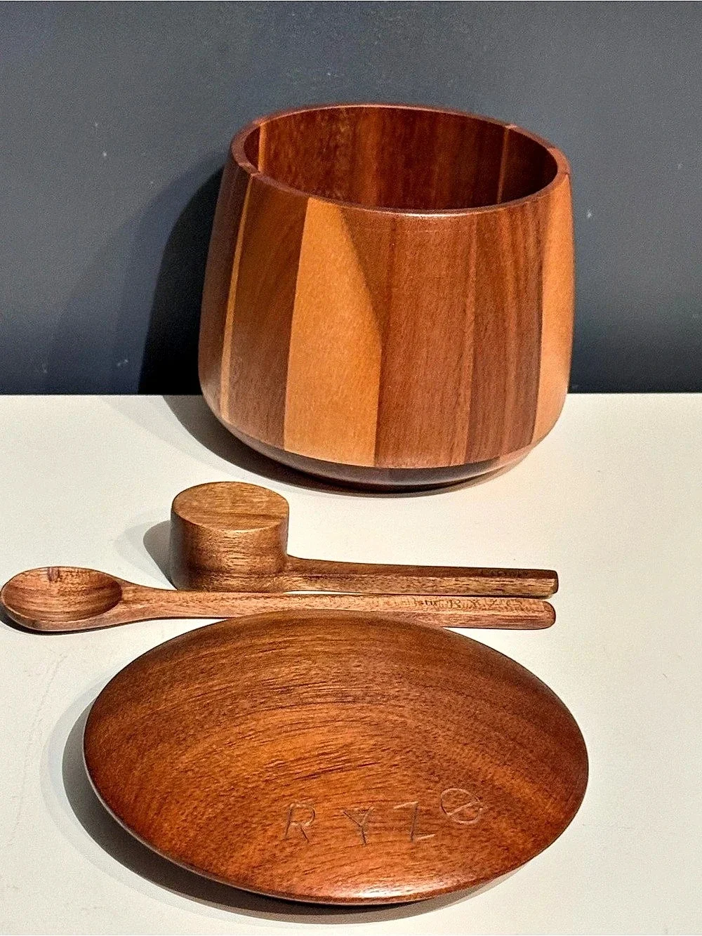 RYZE Wooden Salt Cellar with Spoon Set in Brown
